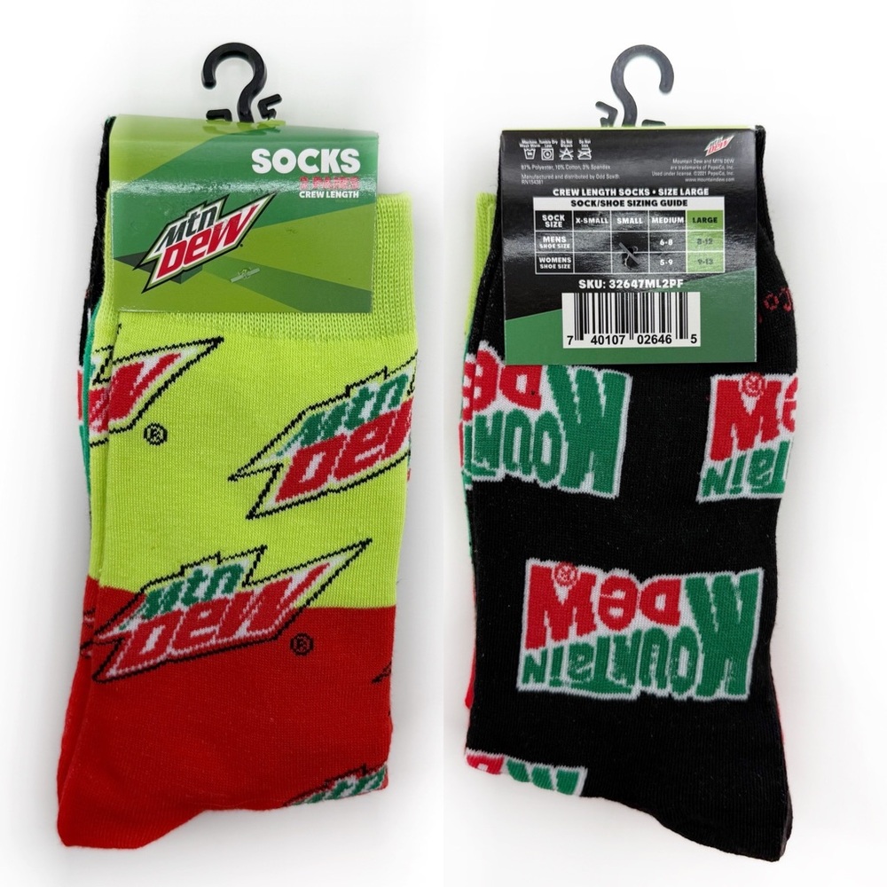 Odd Sox Mountain Dew Crew Socks Mens Womens Fun Novelty Gift Green Black 2 Pairs